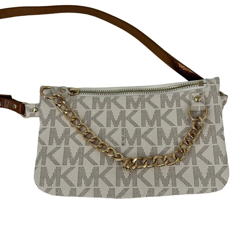 Michael Kors Belt Bag Chain‎ Zip White Signature Logo Faux Leather Size L Belt